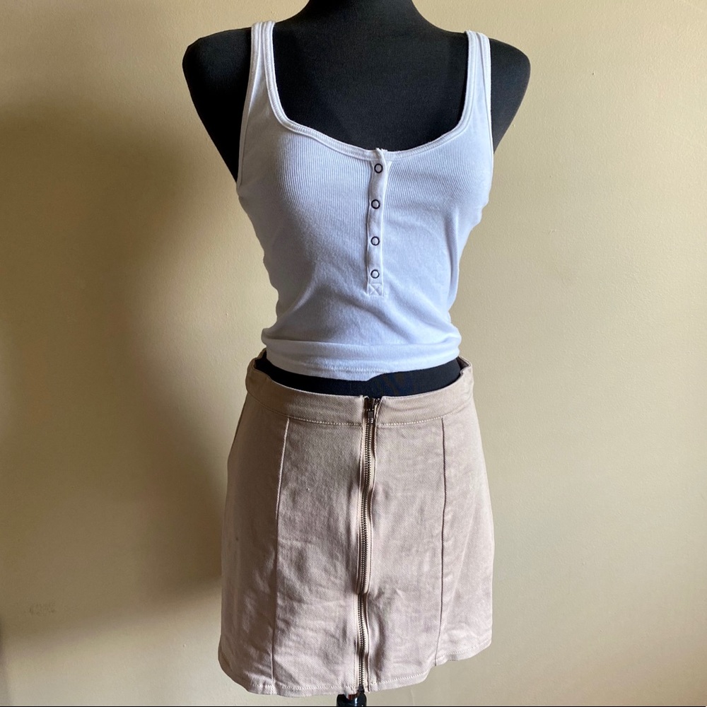 Tan High Rise Zip Up Mini Skirt